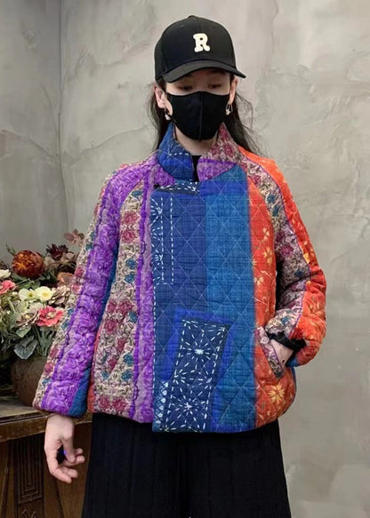 Purple Print Fine Cotton Filled Coats Mandarin Collar Winter Yo020