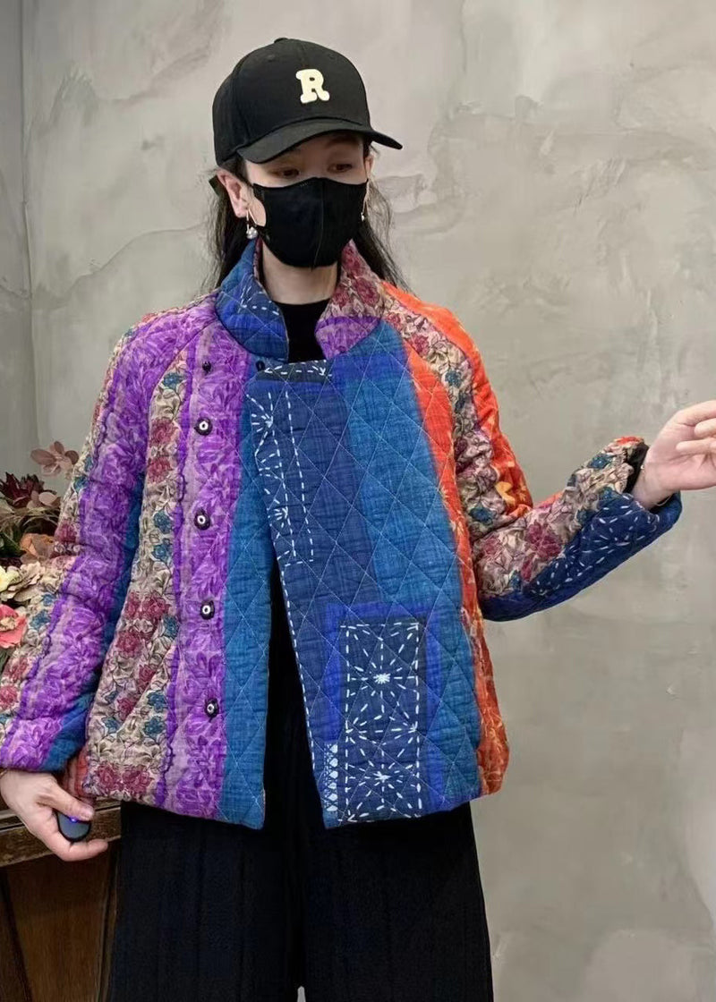 Purple Print Fine Cotton Filled Coats Mandarin Collar Winter Yo020