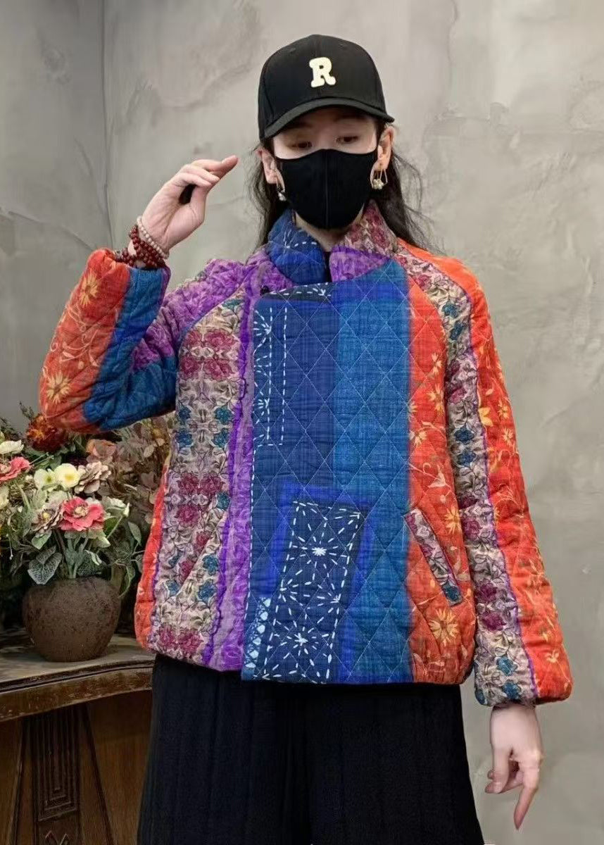 Purple Print Fine Cotton Filled Coats Mandarin Collar Winter Yo020