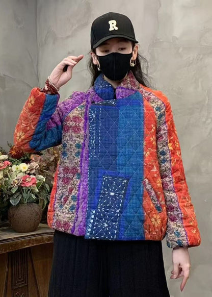 Purple Print Fine Cotton Filled Coats Mandarin Collar Winter Yo020