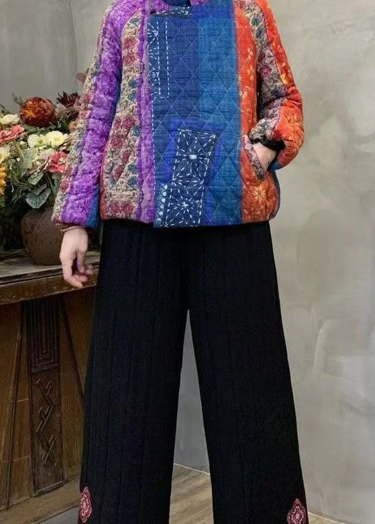 Purple Print Fine Cotton Filled Coats Mandarin Collar Winter Yo020