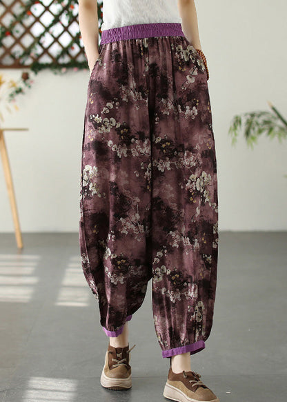 Purple Print Pockets Crop Beach Pants Summer Tq1017
