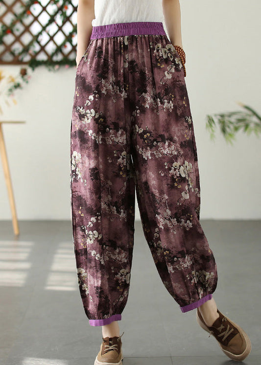 Purple Print Pockets Crop Beach Pants Summer Tq1017