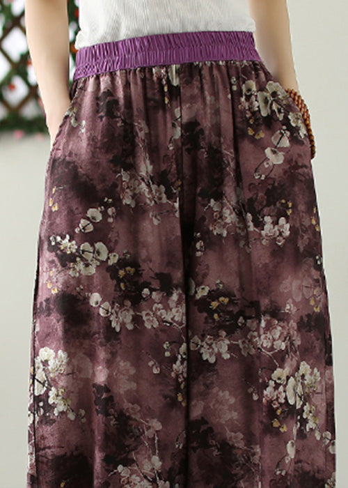 Purple Print Pockets Crop Beach Pants Summer Tq1017
