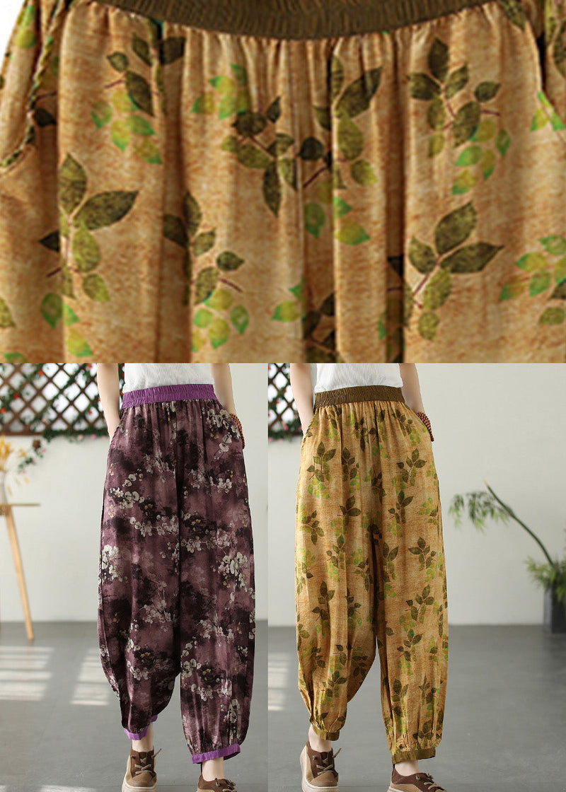 Yellow Wrinkled Elastic Waist Crop Lantern Pants Tq1057