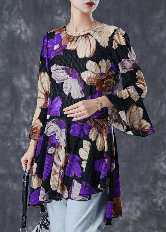 Print Tulle Blouse Tops Exra Large Hem Flare Sleeve