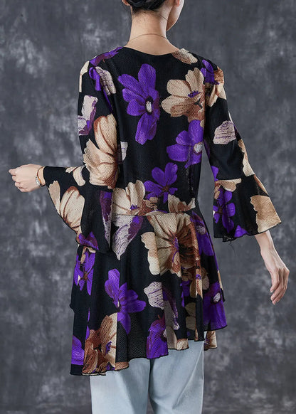 Print Tulle Blouse Tops Exra Large Hem Flare Sleeve