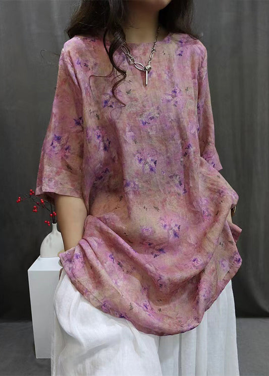 Purple Side Open Linen Blouse O-neck Summer Vv094