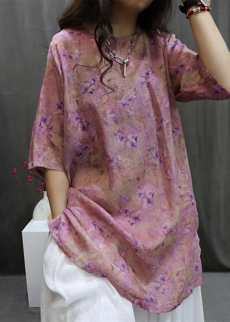 Purple Side Open Linen Blouse O-neck Summer Vv094