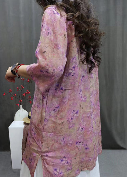 Purple Side Open Linen Blouse O-neck Summer Vv094