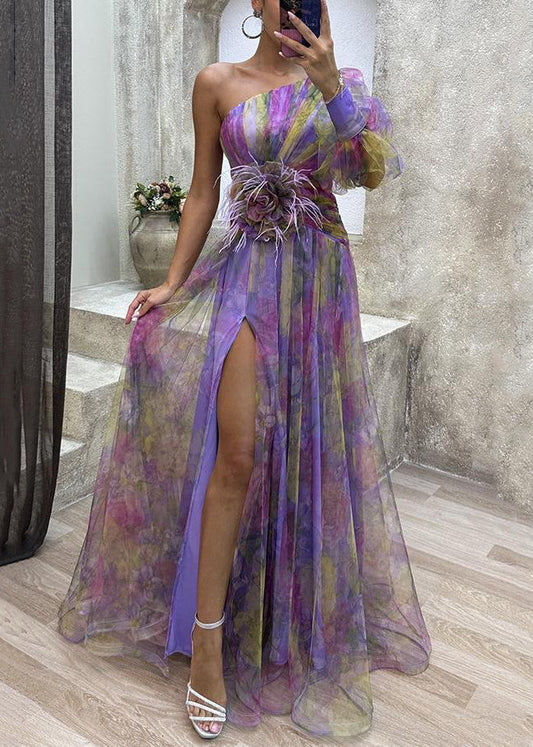 Purple Side Open Tulle Long Dress One Shoulder Summer Ww1033