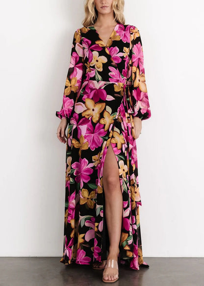 Purple Tie Waist Cotton Long Dress V Neck Long Sleeve Au1023