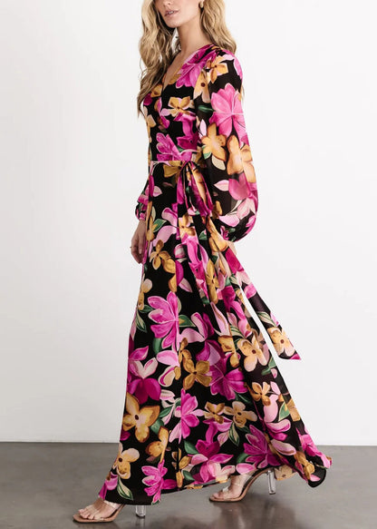 Purple Tie Waist Cotton Long Dress V Neck Long Sleeve Au1023