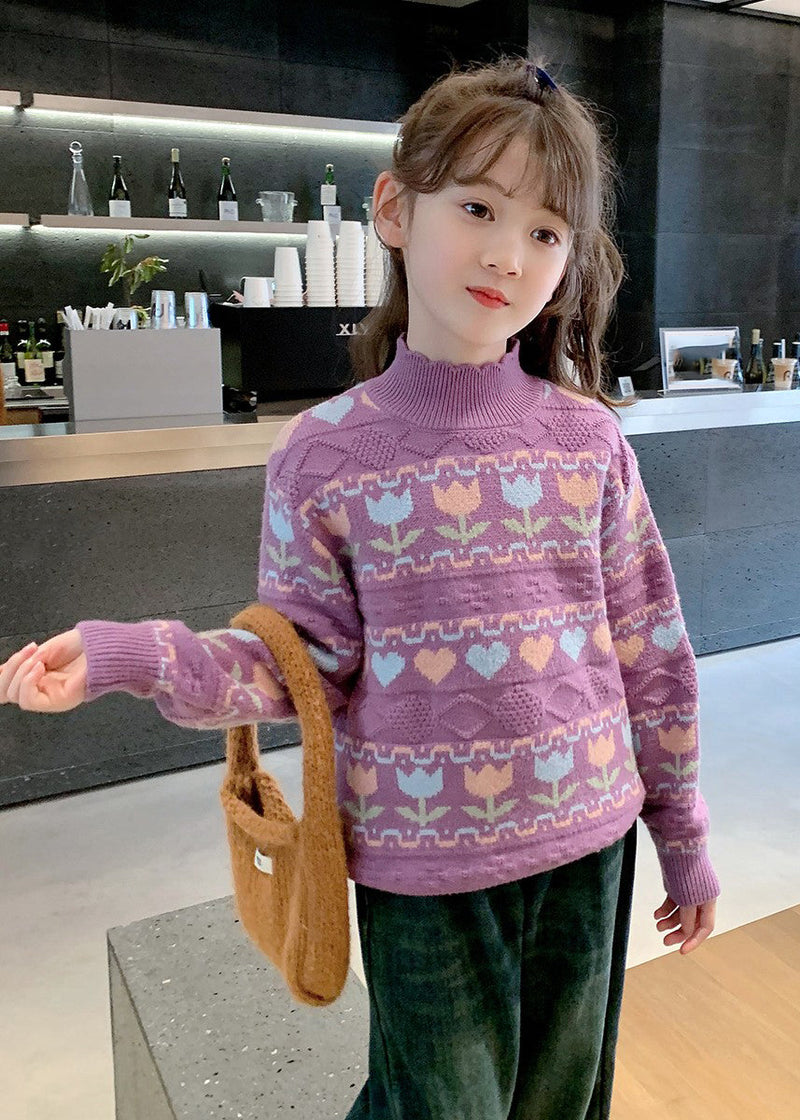 Purple Turtleneck Print Cotton Knit Kids Sweater Spring Tp040