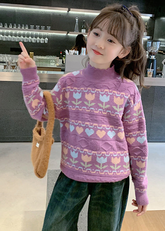 Purple Turtleneck Print Cotton Knit Kids Sweater Spring Tp040
