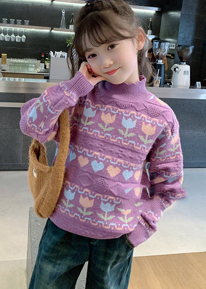 Purple Turtleneck Print Cotton Knit Kids Sweater Spring Tp040