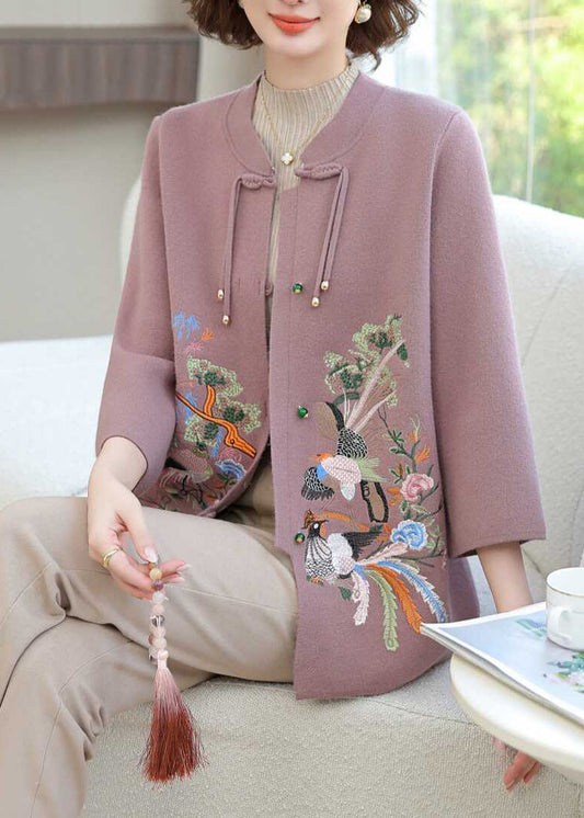 Purple Wool Knit Cardigan Embroidered Long Sleeve Ta025