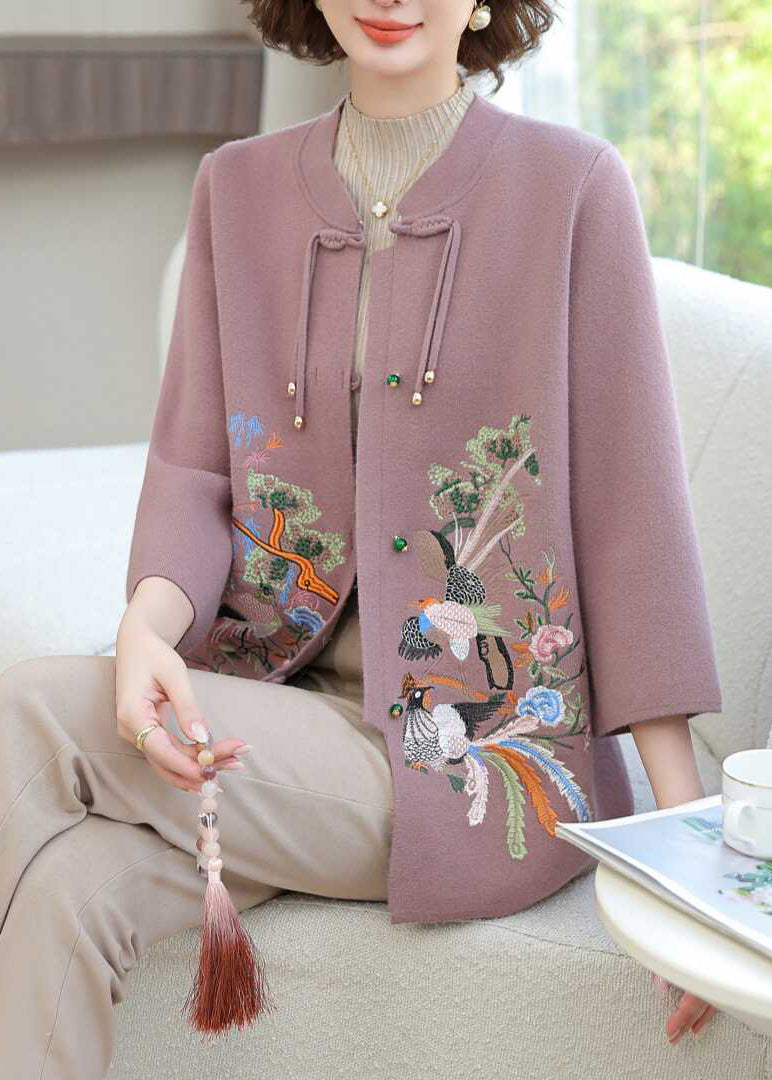 Purple Wool Knit Cardigan Embroidered Long Sleeve Ta025