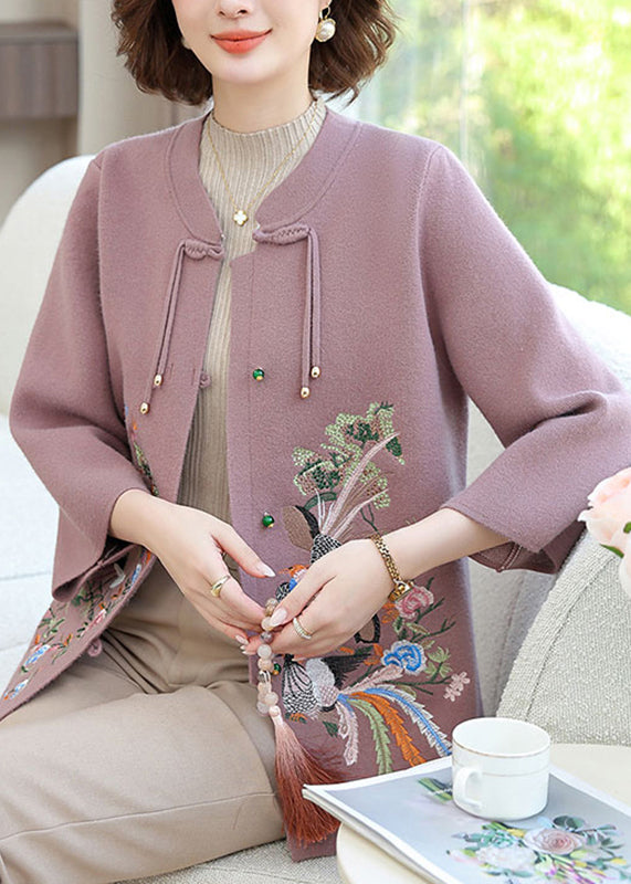 Purple Wool Knit Cardigan Embroidered Long Sleeve Ta025