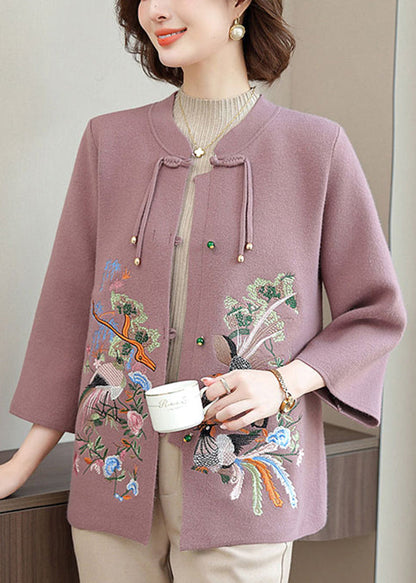 Purple Wool Knit Cardigan Embroidered Long Sleeve Ta025