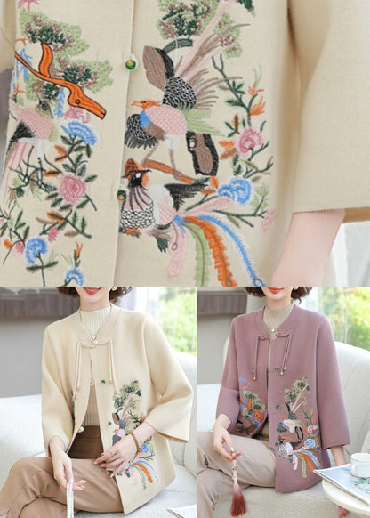 Purple Wool Knit Cardigan Embroidered Long Sleeve Ta025