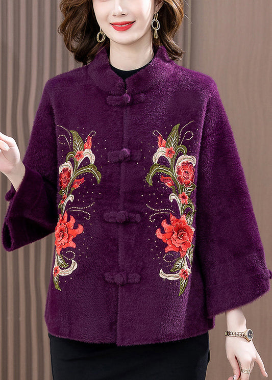 Purple Zircon Embroidered Mink Velvet Spring Coat Stand Collar Rz015