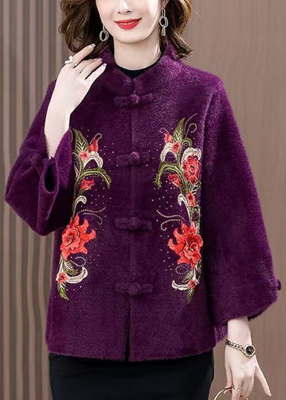 Purple Zircon Embroidered Mink Velvet Spring Coat Stand Collar Rz015