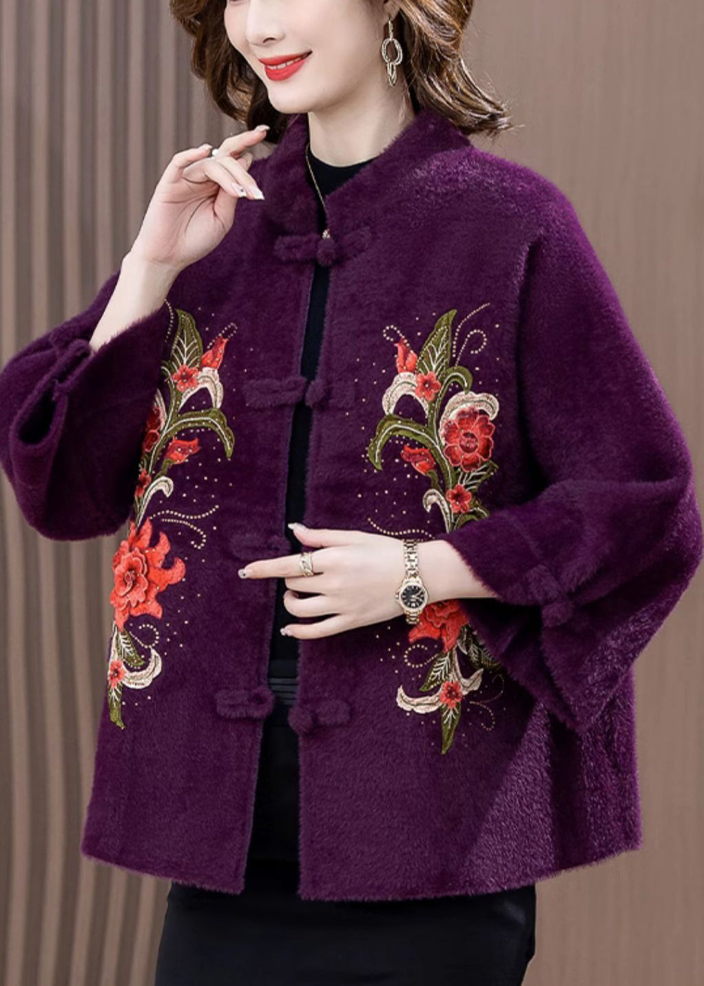 Purple Zircon Embroidered Mink Velvet Spring Coat Stand Collar Rz015