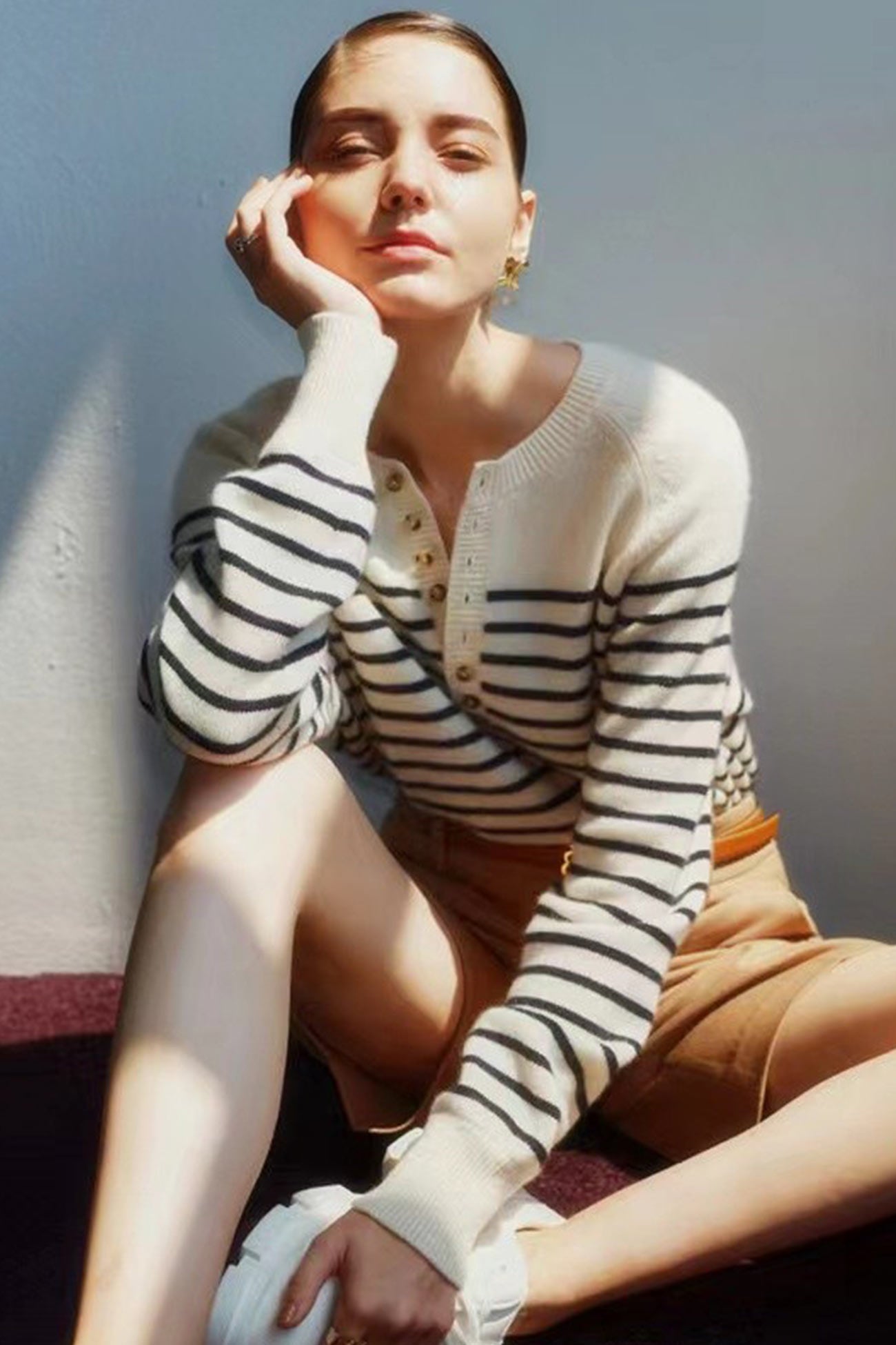 Crew Neck Button-front Striped Sweater