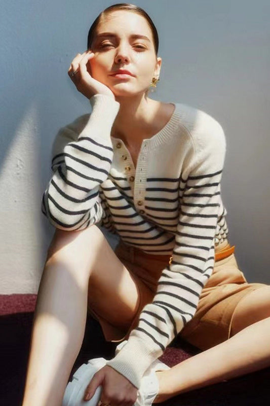 Crew Neck Button-front Striped Sweater