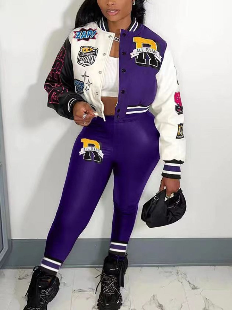 Letter Print Varsity Jacket Pants Set Ar50107