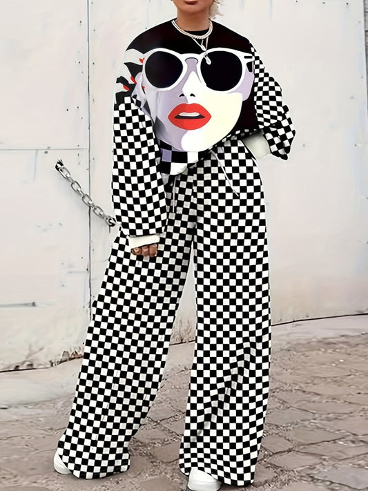 Figure Plaid Print Wide Leg Pants Set At9030
