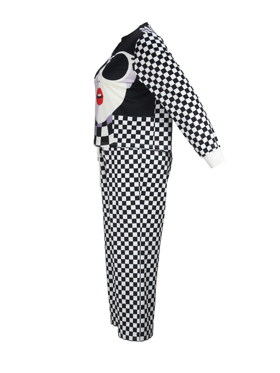 Figure Plaid Print Wide Leg Pants Set At9030