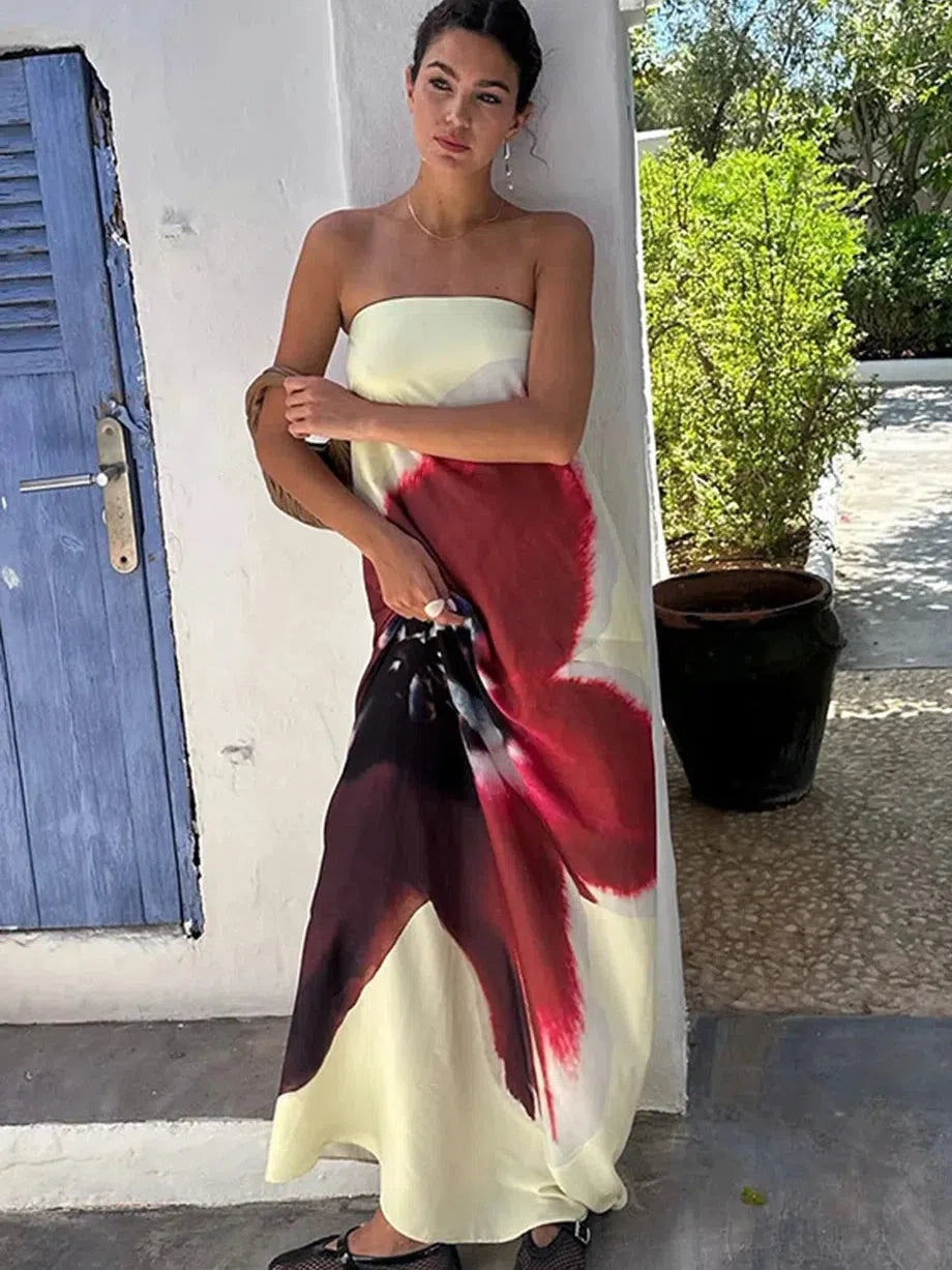 Print Backless Tube Belt Maxi Dress