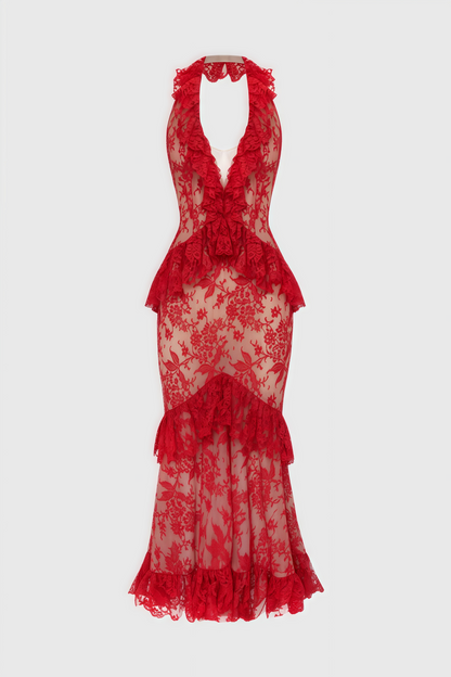 Gracd Backless Lace Ruffled Midi Dress