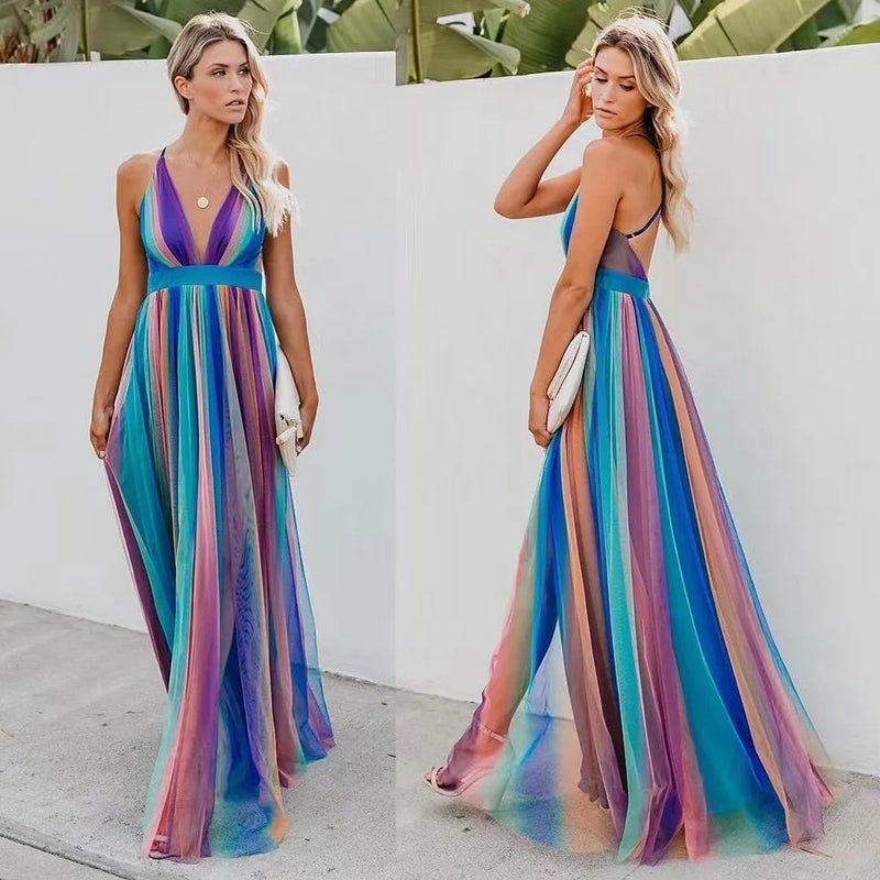 Rainbow Chiffon Spaghetti Strap Dresses Deep V-neck Backless Long Dress Evening Party Vestidos
