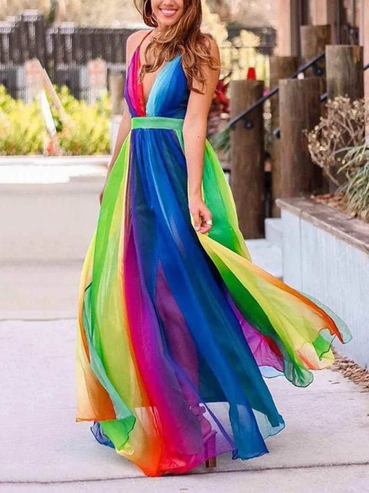 Rainbow Chiffon Spaghetti Strap Dresses Deep V-neck Backless Long Dress Evening Party Vestidos