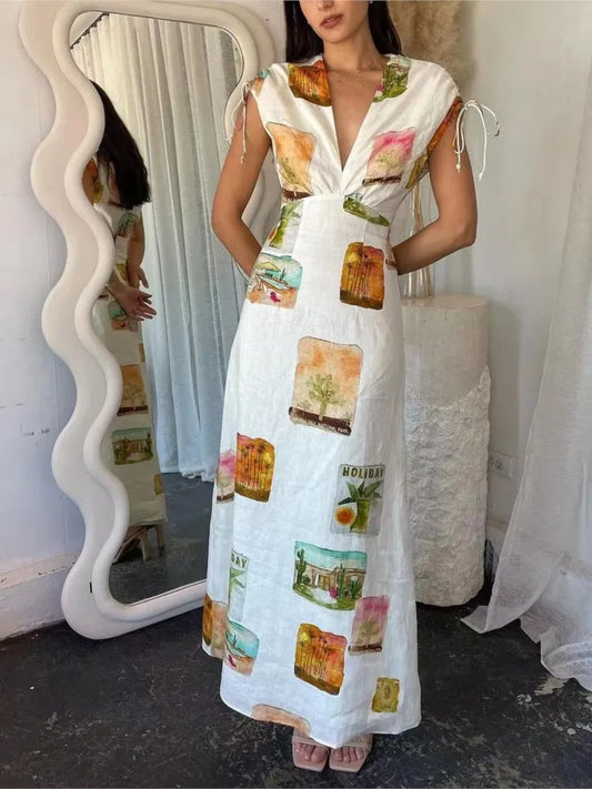 Ramie Colorful Printed Long Dresses for Sleeveless V-neck Y2k Style Dress Temperament A-line Maxi Vestidos