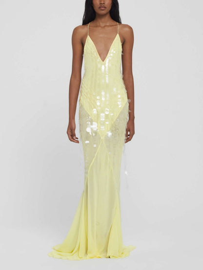 Sequins Low V-neck Draped Maxi Dress