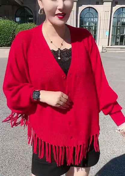 Red Button Knit Loose Cardigans V Neck Long Sleeve As1015