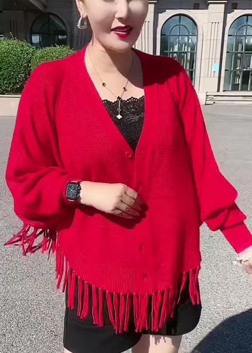 Red Button Knit Loose Cardigans V Neck Long Sleeve As1015