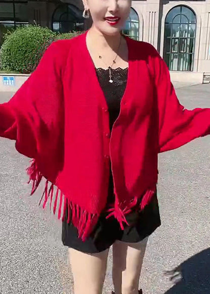 Red Button Knit Loose Cardigans V Neck Long Sleeve As1015