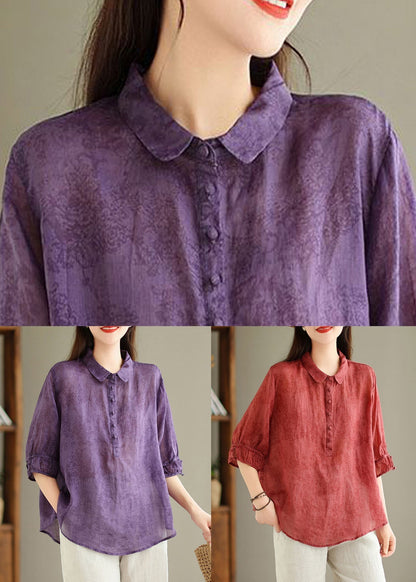 Loose Purple Peter Pan Collar Print Linen Blouses Half Sleeve Gg056