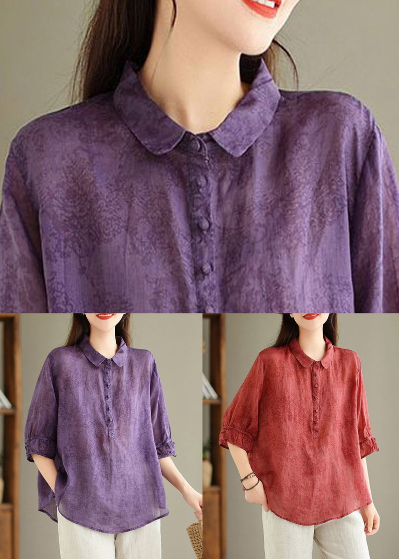 Loose Purple Peter Pan Collar Print Linen Blouses Half Sleeve Gg056