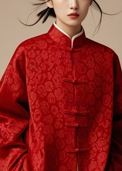 Red Button Print Silk Coat Stand Collar Fall Ag1032