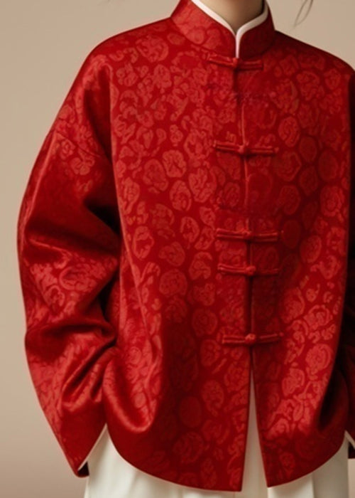 Red Button Print Silk Coat Stand Collar Fall Ag1032