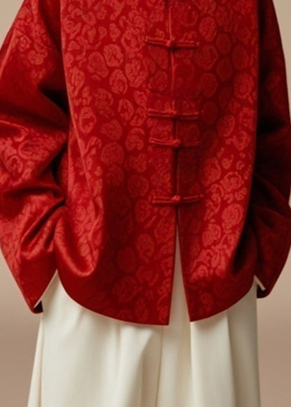 Red Button Print Silk Coat Stand Collar Fall Ag1032