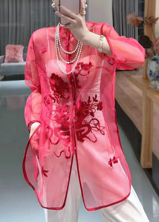 Red Button Thin Tulle Blouses Stand Collar Summer Qa1089