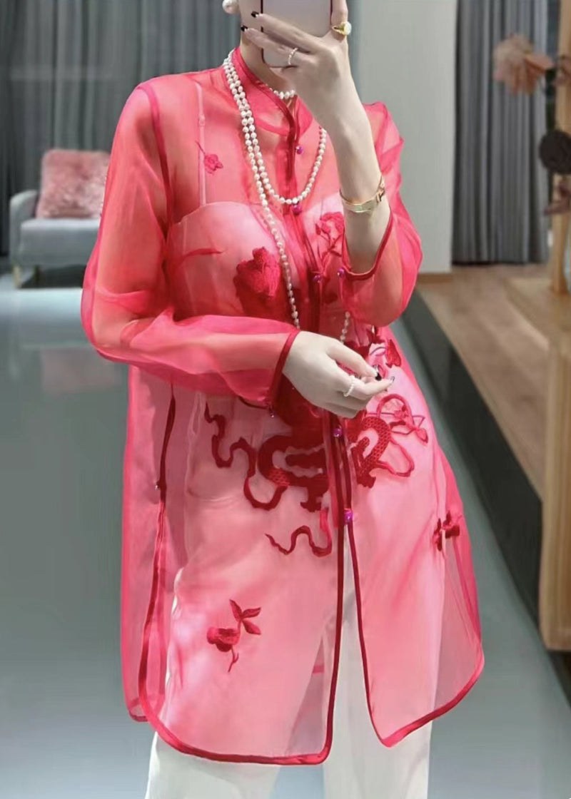 Red Button Thin Tulle Blouses Stand Collar Summer Qa1089