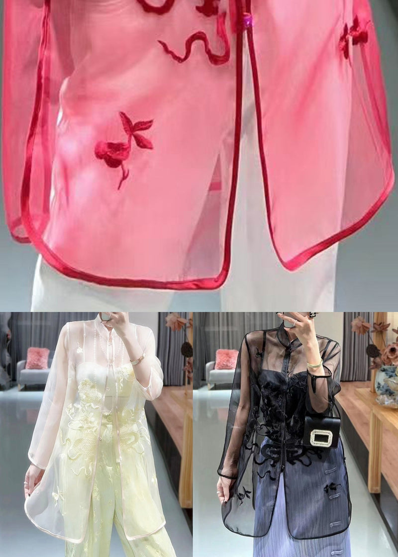 Red Button Thin Tulle Blouses Stand Collar Summer Qa1089